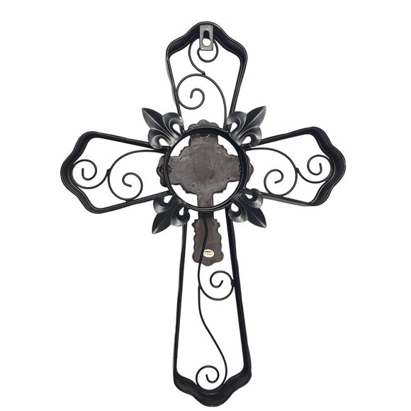 Ornate Metal Wall Cross 16" Bronze Decorative Scrollwork & Fleur-De-Lis Details - Picture 3 of 6
